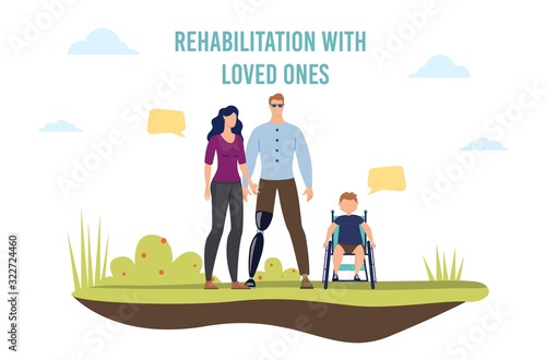 Disabled People Rehabilitation and Family Support Trendy Flat Vector Banner, Poster Template. Father with Disability and Leg Prosthesis, Injured Boy in Wheelchair Spending Time Together Illustration