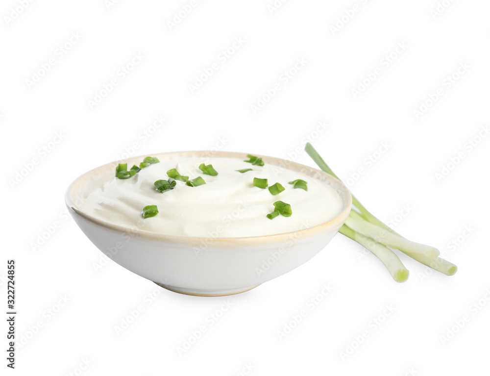 Fresh sour cream with onion on white background Fresh sour cream with onion on white background
