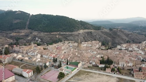 Drone ascends 500meters above the ground, in a cozy rural village in Spain. (Rubielos de Mora, Teruel) photo