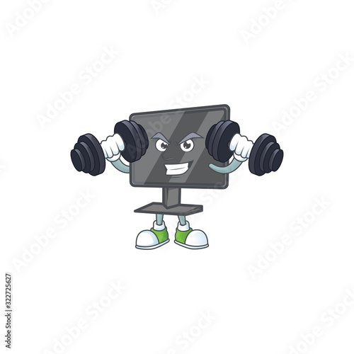 Computer screen mascot icon on fitness exercise trying barbells