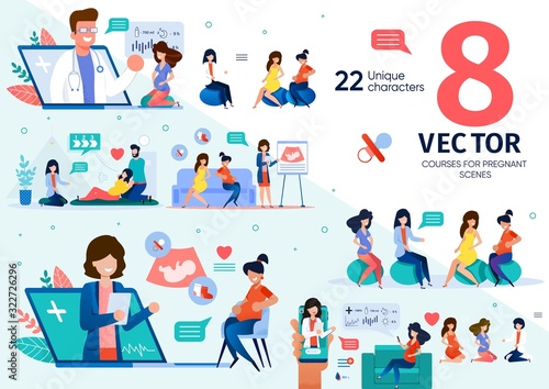 Group Courses for Pregnant Women Trendy Flat Vector Scenes Set. Future Mother Visiting Maternity Seminars with Husband, Communicating, Talking with Doctor Online, Preparing to Childbirth Illustrations