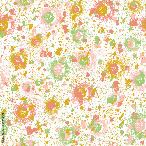 Seamless abstract vector pattern with scattered shapes and lines in pink yellow green on white background. Fun deconstructed floral surface design in girly colors. Great for modern fabrics. photo