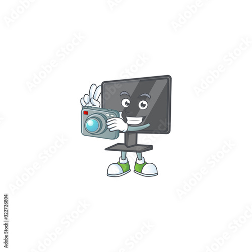 A computer screen Photographer cartoon character in action with a camera