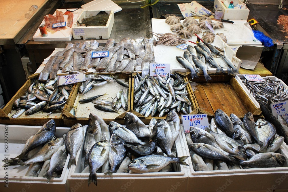 Stalls with seafood in the central  market of Athens, Greece