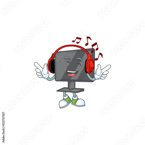 Computer screen cartoon character design Listening music on a headset