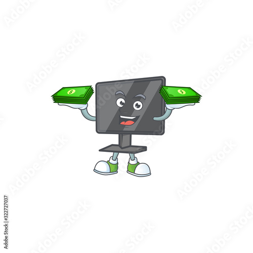 rich and famous computer screen cartoon character with money on hands