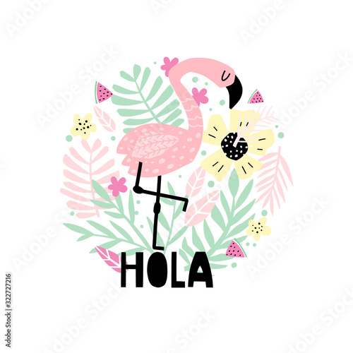 Tropical round design with flamingo