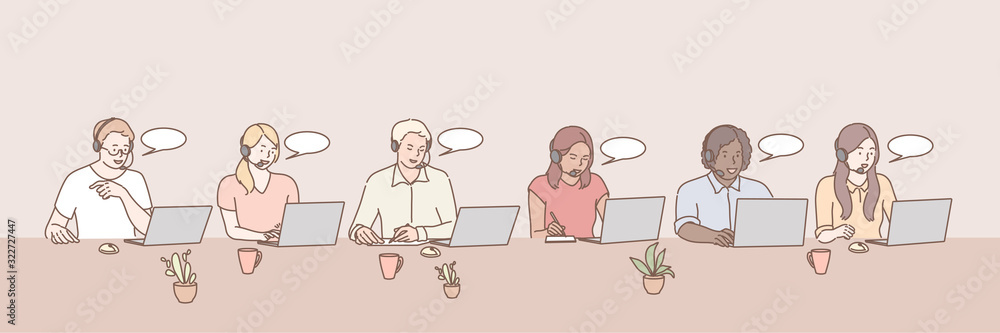 Call center workers set concept. Illustration of support team at office. Bundle of young happy men and women or call center staff with headsets. International diversity in cartoon style. Simple vector Call center workers set concept. Illustration of support team at office. Bundle of young happy men and women or call center staff with headsets. International diversity in cartoon style. Simple vector