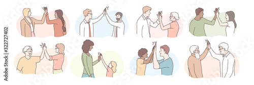 People giving high five set concept. Group of young and old people make informal greeting. Illustration or collection of cheerful colleagues and multiethnic friends giving high five to each other.