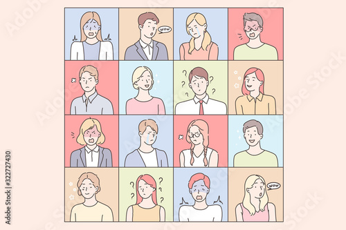 Young peoples emotions set concept. Collection of illustrations of men and women expressing different facial expressions. Bundle of portraits of boys and girls showing positive and negative emotions