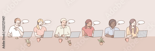 Call center workers set concept. Illustration of support team at office. Bundle of young happy men and women or call center staff with headsets. International diversity in cartoon style. Simple vector