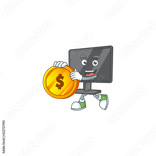 an elegant computer screen mascot cartoon design with gold coin