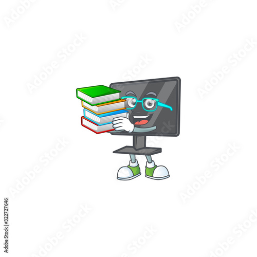 A brainy clever cartoon character of computer screen studying with some books