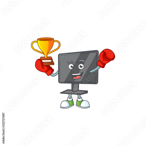Super cool Boxing winner of computer screen in mascot cartoon design