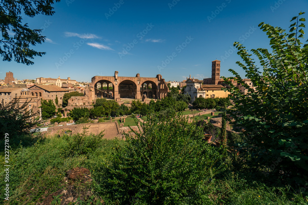 Panoramic view of the ancient ruins of Forum Romanum from the hill of Palatino at a summer day near Collosseum in the city of Rome, Italy