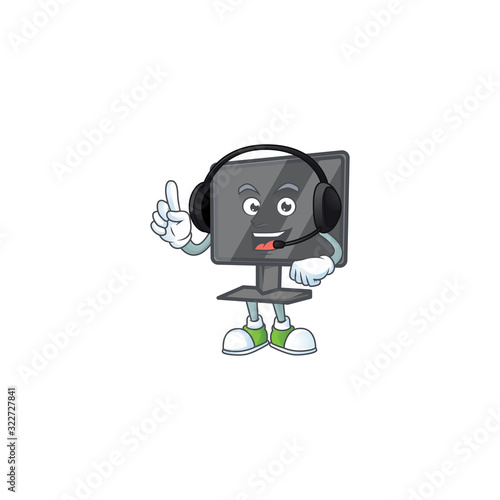 Sweet computer screen cartoon character design speaking on a headphone