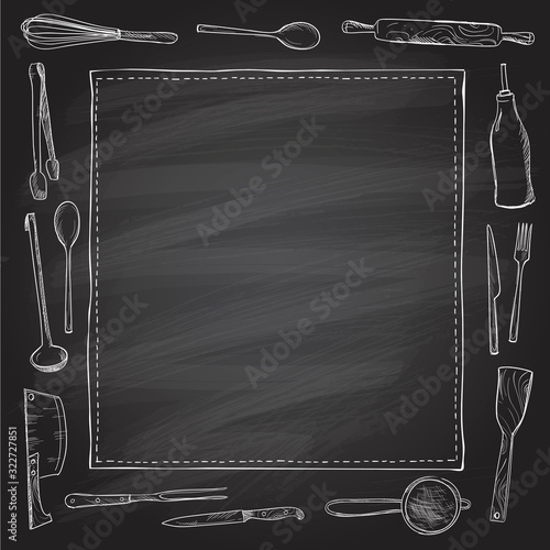 Graphic kitchen utensils frame, chalkboard background