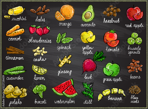 Raw fruits and vegetables graphic set on a chalkboard, hand drawn sketch illustration