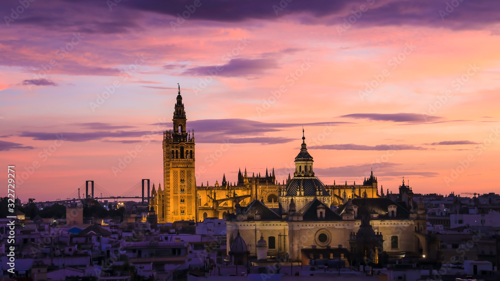 Panoramic view of sky in Seville, Spain city and Old Quarter skyline in a sunset sky scene