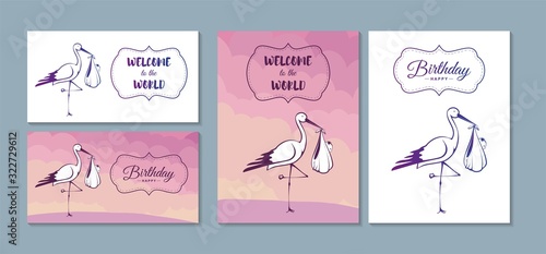 Advertising poster, business card, web, animation. Figure, character Stork carries a child, boy, girl, happy birthday.  A set of cards, banners, congratulations on the birth of a child.
