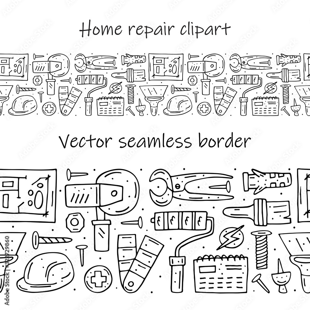 Home repair tools, instruments cartoon cute hand drawn doodle vector seamless border, pattern, texture, backdrop. Funny monochrome design. Isolated on white background. Decorative design element.  