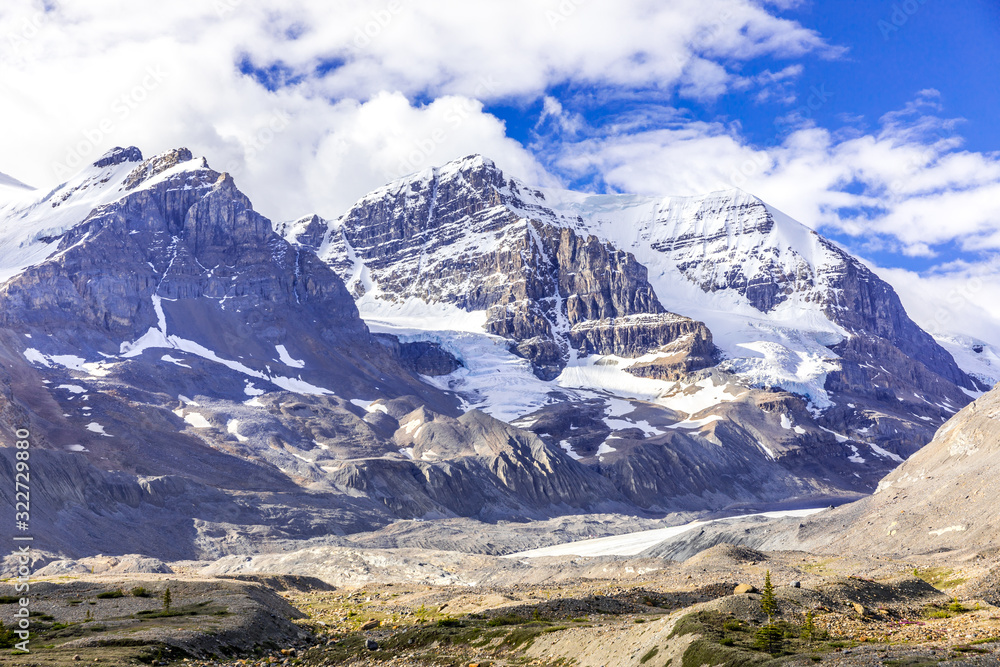 View from Icefileds Parkway showing Mt. Kitchener, Snow Dome and Mt. Andromeda with their glaciers, Alberta, Canada