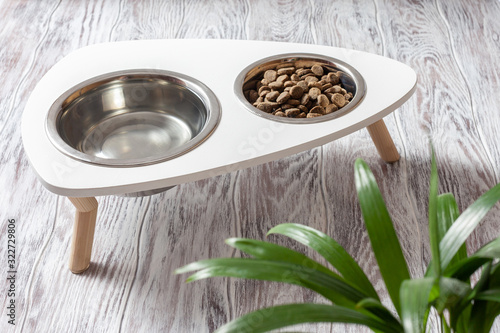 Pet food. Dry food and water in bowls.