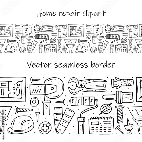 Home repair tools, instruments cartoon cute hand drawn doodle vector seamless border, pattern, texture, backdrop. Funny monochrome design. Isolated on white background. Decorative design element. 