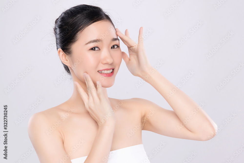 Portrait beautiful young asian woman clean fresh bare skin concept. Asian girl beauty face skincare and health wellness, Facial treatment, Perfect skin, Natural makeup, on white background,two Portrait beautiful young asian woman clean fresh bare skin concept. Asian girl beauty face skincare and health wellness, Facial treatment, Perfect skin, Natural makeup, on white background,two