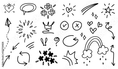 Cute doodle collection with arrows, love, kids, toys hand drawn, minimal hand doodle design element vector illustration.