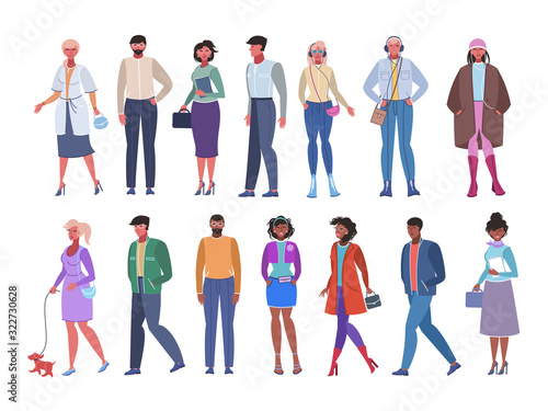 A group of people standing on a white background in different clothes and poses. Vector illustration