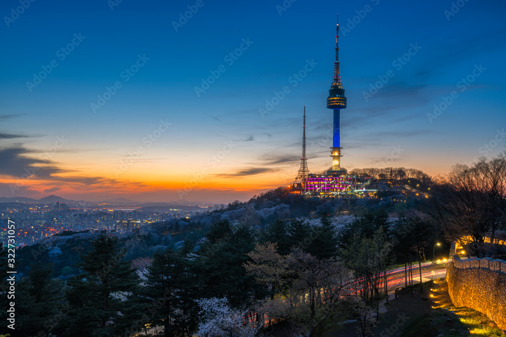 Sunset scene of N Seoul Tower at Namsan Mountain in Seoul City, South Korea.
