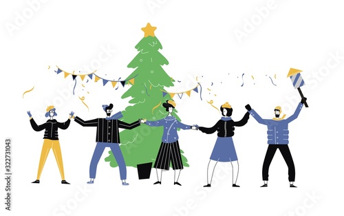 Vector illustration on celebration, party, winter holidays theme for postcard, poster.Christmas and New Year concept for greeting card with dancing peoples around big bright christmas tree.