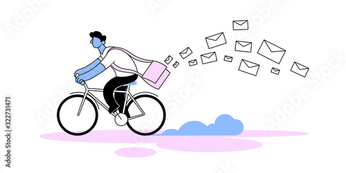 Cartoon postman riding bicycle. Courier character with bag full of letter envelopes rushing on bicycle. Flat style vector illustration. Isolated on white background.