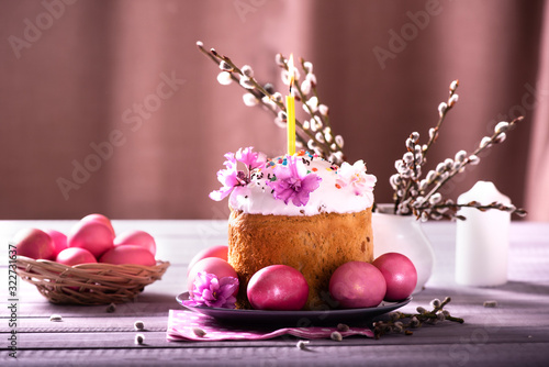 Easter cake with eggs on the wooden table. Easter decorations photo