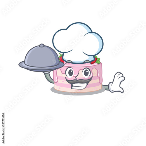 A picture of strawberry cake as a Chef serving food on tray