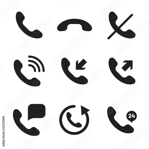 Calling icon set. Phone symbol. Handset up and down, no ring, incoming and outgoing call, call center sign etc