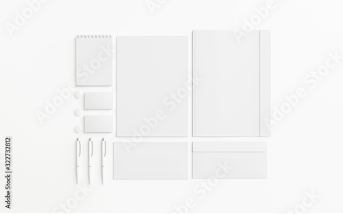Blank stationery set isolated on white, 3d render.
