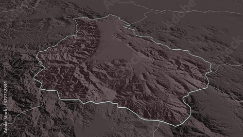 Monseñor Nouel, province with its capital, zoomed and extruded on the administrative map of Dominican Republic in the conformal Stereographic projection. Animation 3D photo