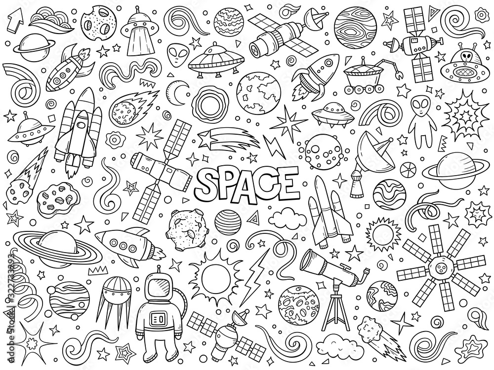 Cartoon hand drawn vector doodle set of Space symbols and objects. Cartoon hand drawn vector doodle set of Space symbols and objects.