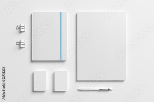 Blank identity stationery set isolated on white. Mockup concept for graphic designers presentations and portfolios. 3d render.