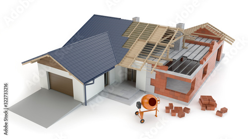Fototapeta Naklejka Na Ścianę i Meble -  House construction - white background, 3D illustration