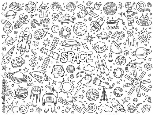Cartoon hand drawn vector doodle set of Space symbols and objects.