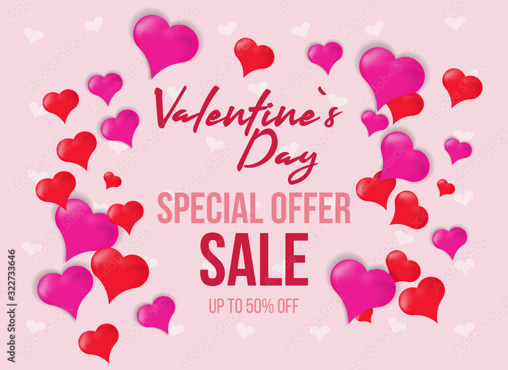 Valentines day sale poster with red and pink hearts, Lettering greeting card on pink background. Valentines day sale poster with red and pink hearts, Lettering greeting card on pink background.