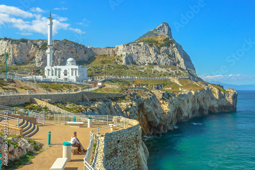 Gibraltar, United Kingdom - April 24, 2016: Europa Point with Ibrahim-al-Ibrahim Mosque and the profile of Gibraltar Rock. Europa Point is the southernmost point of Gibraltar, old European territory.