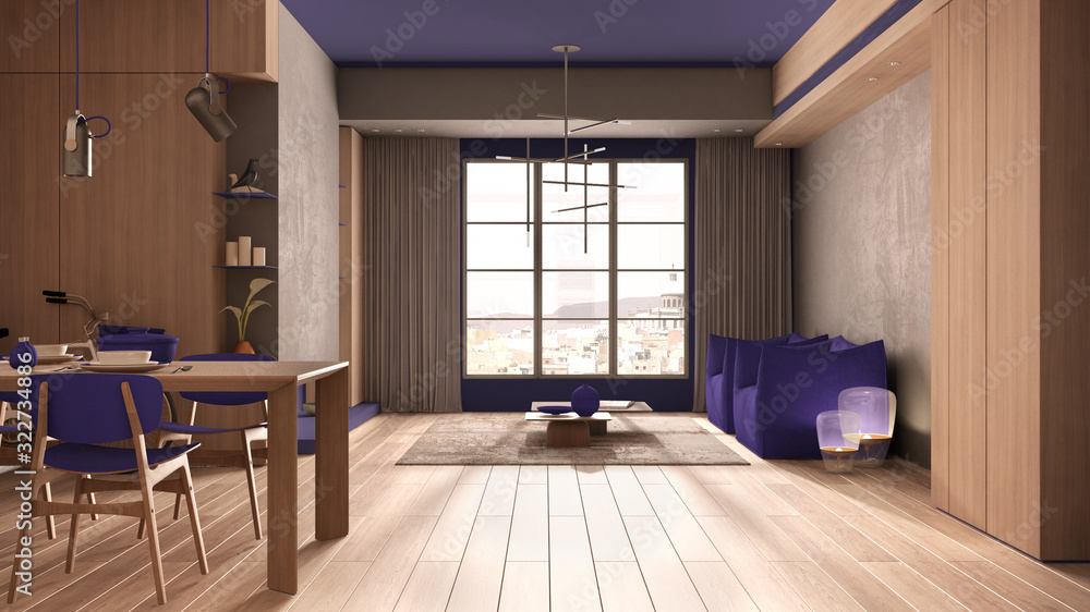 Obraz premium Minimalist kitchen with dining room in purple tones with wooden and concrete details, dining table laid for two, chairs, parquet, armchair, pendant lamps, interior design concept