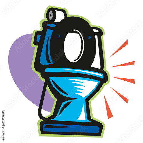 Toilet bowl with toilet paper roll. Simple flat cartoon vector illustration.