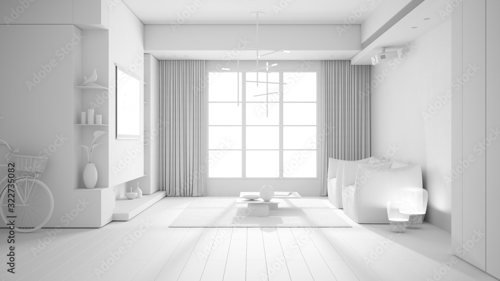 Total white project draft, minimalist living room, big square window with curtains, parquet floor, armchairs, carpet with coffee tables and decors. Interior design concept Total white project draft, minimalist living room, big square window with curtains, parquet floor, armchairs, carpet with coffee tables and decors. Interior design concept