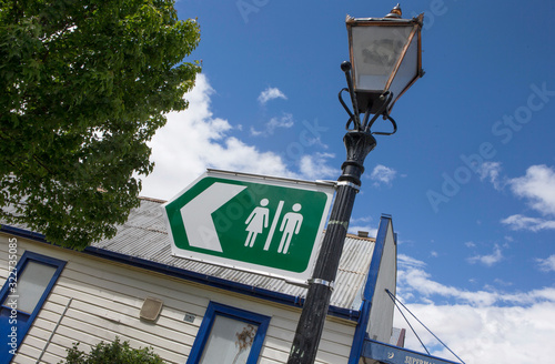 Toilet sign. Historic city of Arrowtown. Western style. Goldmine city.  Queenstown New Zealand Mainstreet