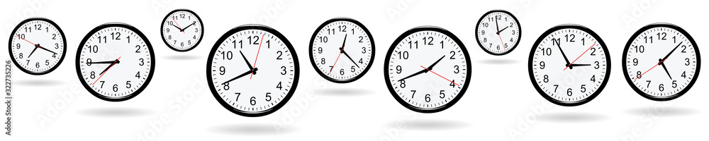 Clocks at different times on white background Clocks at different times on white background